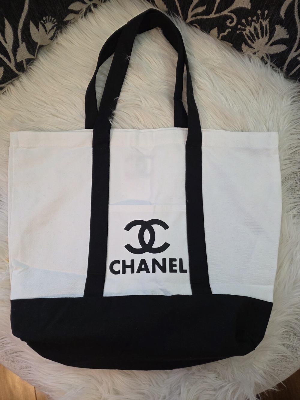 Large White & Black Canvas Tote Bag